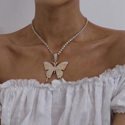 China High Quality Chain Butterfly Tennis Necklace High Quality Hip Hop Rhinestone Bling Pendant Necklace For Women for sale