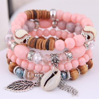 China Natural Handmade Multilayer Crystal Bracelet Shell Beads Charm Bracelet Stylish Custom Hollow Wooden Beads Leaf FASHIONABLE for sale