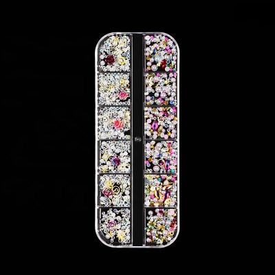 China Newest Mixed Nail Art Decorations Glass Rhinestones Alloy 12grid/box 3D Nail Art Decoration Rhinestone for sale