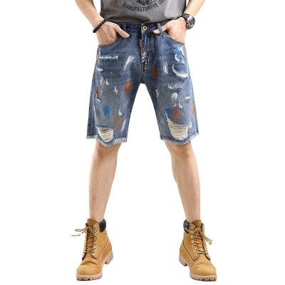 China Men's Summer Breathable Cotton Painted Medium Pants And Ripped Jeans for sale