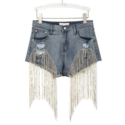 China New Frontline Women's QUICK DRY Button Hole Hot Pants Wide-Leg Rhinestone Fringed Denim Shorts for sale