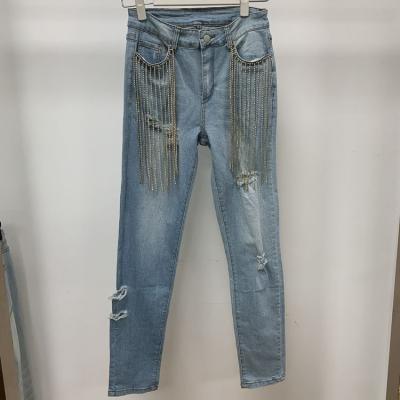 China Hot Selling New Women's Polyester Cotton Denim Stitched Diamond Chain Jeans QUICK DRY for sale