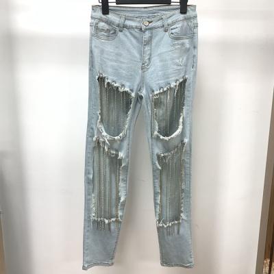 China New Hot Selling QUICK DRY Women's Polyester Cotton Denim Stitched Diamond Chain Pierced Jeans for sale