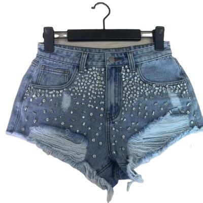 China QUICK DRY Womens Jeans Denim Shorts Hand Stitched Diamonds for sale