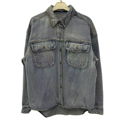 China QUICK DRY Women's long sleeved Vintage denim shirt hanging mill wash denim jacket for sale