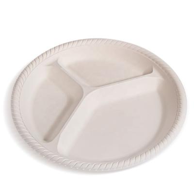 China 9 Inch Disposable Eco Friendly Biodegradable Cornstarch 3 Compartments Picnic Dish Reusable for sale