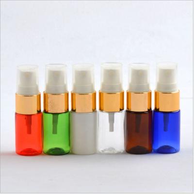 China Round 10ml Clear, Green, Red, Amber, Blue, White Plastic Water PET BEAUTY Empty Cosmetic PACKAGING Small Bottle With Gold Sprayer Pump for sale