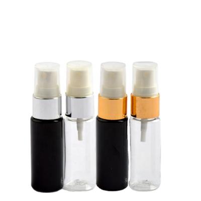 China Round 20ml PET Bottle Moisturizing Perfume Cosmetic Plastic Sample Water Bottle Black And Transparent Gold/Silver Sprayer Pump for sale