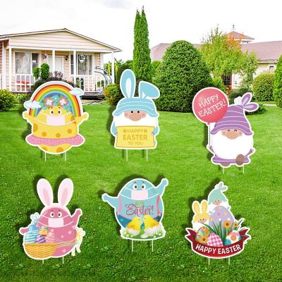 China Custom Easter Decoration PP Easter Yard Sign with Stack Wooden Easter Egg Easter Bunny Yard Lawn Decoration Sign for sale