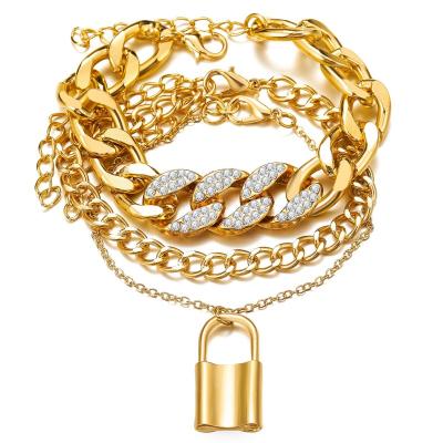 China Trendy Rhinestone Lock Dangle Anklet Set For Women 2021 Cuban Chain 18K Gold Punk Anklets For Women Gold Plated Chain for sale