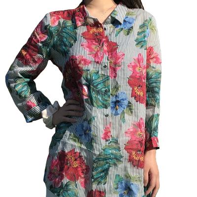 China Superdry QUICK DRY shirt graphic stripe floral plus size ramie women long sleeve blouses canvas &shirts for sale