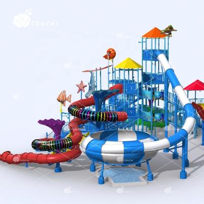 China Fiberglass Cenchi Hotel Resort Pool Splash Pad Aqua Playground Equipment Deck Arch Sprinkler Jet Fountain Water Slide Outdoor Wet Park glass for sale