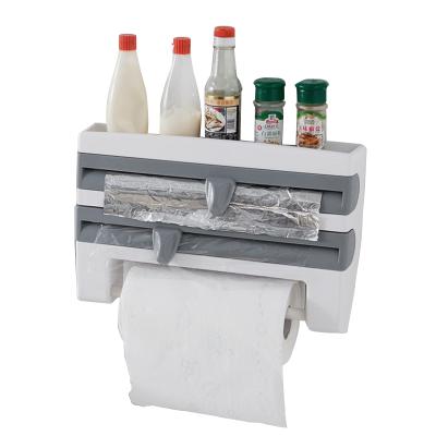 China Standing Type Kitchen Storage 4 In 1 Plastic Wrap Dispenser With Spice Cutter And Paper Towel Storage Box Wall for sale