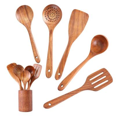 China Stocked 7 Pcs Set Teak Wood Spatula Set Kitchen Tools Non-Stick Cookware Set Wood Cookware for sale