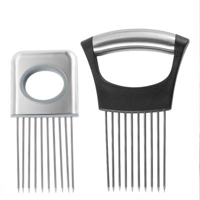 China Cut Cutting Kitchen Instruments Stainless Steel Onion Holder Slicer Function Meat Beater Meat Tenderizer Manual Tool for sale