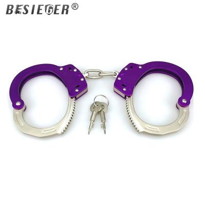 China Handcuffs: 6061-T6 wide range OEM military and police handcuffs anti pull lock aluminum alloy steel purple handcuffs for sale