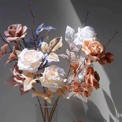 China Autumn Rose Flower Long Stem Artificial Silk Rose Dusty Rust Rose Flower Low Price Vintage Fake Silk Wholesale Eco-friendly Wedding Decor O-X479 for sale