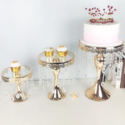 China Y-Q073 Wholesale Eco-Friendly Lightweight Luxury Wedding Cake Stands Set Buffet Cake Snack Display Stand Crystal Metal Gold Mirror Face Cake Stand for sale