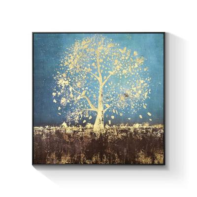 China Abstract Dreamy Beautiful Gold Large Tree Canvas Painting Handmade Blue Background Oil Painting Wall Art Decoration For Home for sale