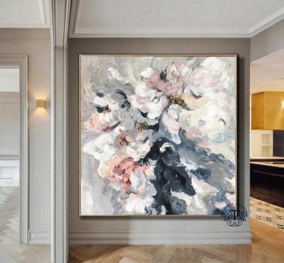 China Abstract Gray Pink White Hand Painted Impressionist Flower Oil Painting On Canvas Wall Decor Colorful Floral Painting Square Art for sale