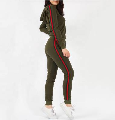 China OEM QUICK DRY Side Stripe Sports Tracksuit Set For Women With Hood Polyester Tracksuit Stripes Skinny Khaki Fitted Tracksuit for sale