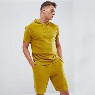 China Wholesale Antibacterial Men Fashion Dry Fit Tracksuit Summer Velvet Men Set Two Piece Hooded Short Sleeve Gold Tracksuit Cotton Polyester for sale