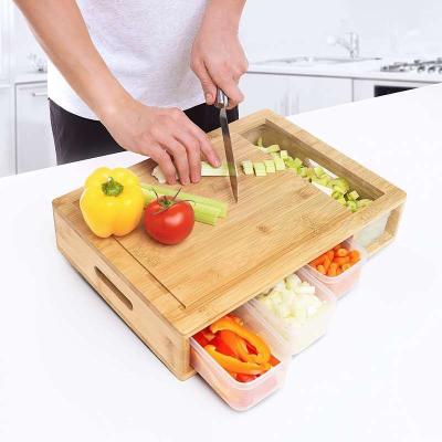 China Sustainable Bamboo Cutting Board With Containers Drawer Trays Easy Food Prep And Cleanup for sale