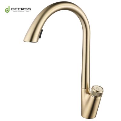 China Popular Modern Metered Faucets Pull Down Design Single Hole Brushed Zirconium Gold Kitchen Water Sink Mixer Push Button Tap Faucet for sale