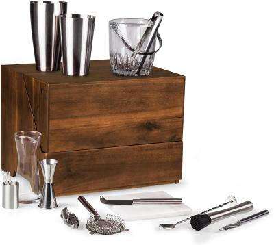 China Factory Outlet Sustainable Premium Stainless Steel Bar Table Cocktail Set Kit Bartender With Wooden Case for sale