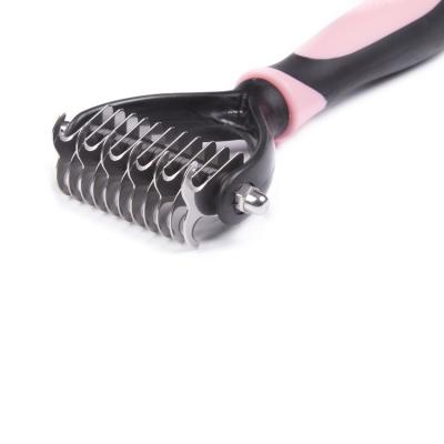 China Sustainable Professional Dog Cat Grooming Stripping Tool Undercoat Dematting Brush Rake Comb Double Teeth for sale