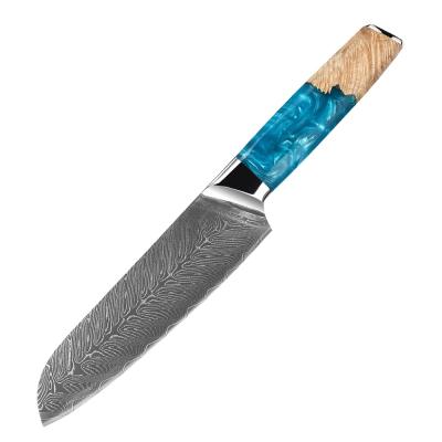 China New color viable resin and wood handle 67 layer VG10 7inch Damascus high quality steel santoku knife for sale