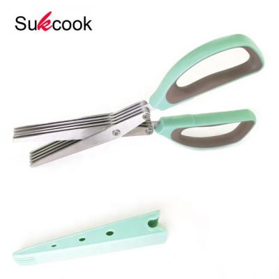 China Kitchen Eco-friendly Household Stainless Steel With Cleaning Brush Universal Vegetable Grass 5 Blade Scissors for sale