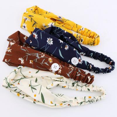 China Fashion Floral Chiffon South Korea Hair Band With Button Hiding Wide Brim Headband Yoga Accessories for sale