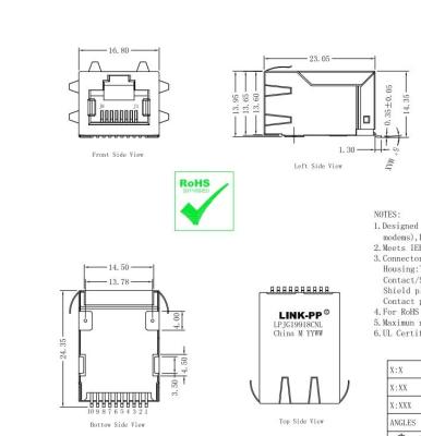 中国 ギガビットの磁気学ARJ-102S SMT 1x1の港RJ45 Magjackのコネクター 販売のため