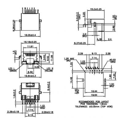 China Low Profile Cat5 Shielded LED Mid PCB RJ45 Socket LPJE4730BENL for sale