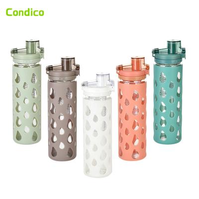 China 600ml Glass Water Bottle 600ml Drinking Glass Crystal Cup Wide Sports Silicone Viable Direct Bottles With Silicone Sleeve for sale