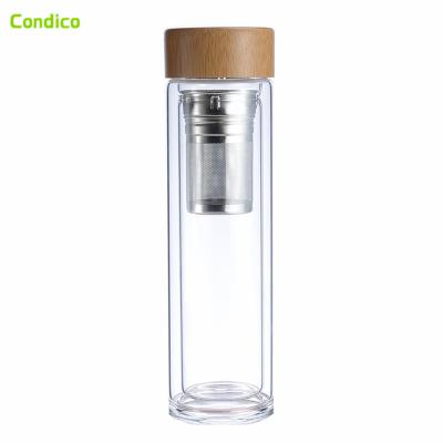 China High Quality Minimalist Eco Premium High Quality Double Wall Insulated Glass Cups Tea Cups With Infuser And Bamboo Lid for sale