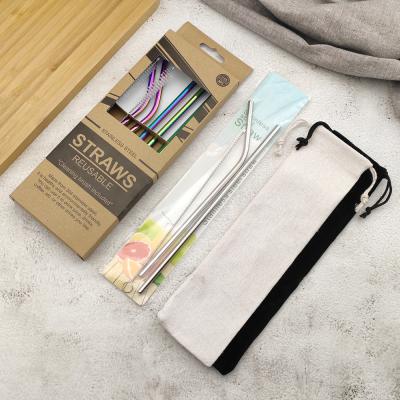 China Sustainable Eeo-Friendly Reusable Drinking Straws Set Customized Logo 304 Stainless Steel Metal Straw With Bag for sale