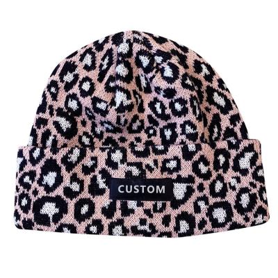 China JOINT Logo Beanies Hat Jacquard Leopard Unisex Beanie Caps with Custom Beanie Hat Logo for sale