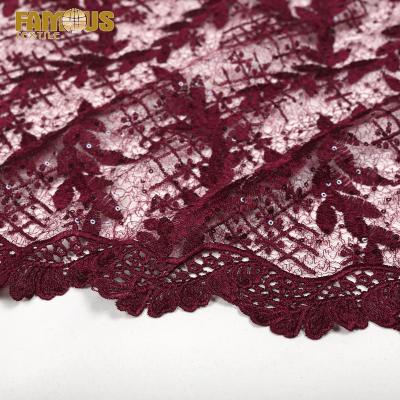 China Other New Arrival Design Wine Red Leaf Pattern Lace Fabric Embroidery For Evening Dress for sale