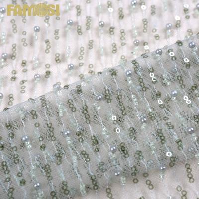 China High quality soft net moq workable 5 yards shiny sequins embroidery beaded lace fabric for dress dress for sale