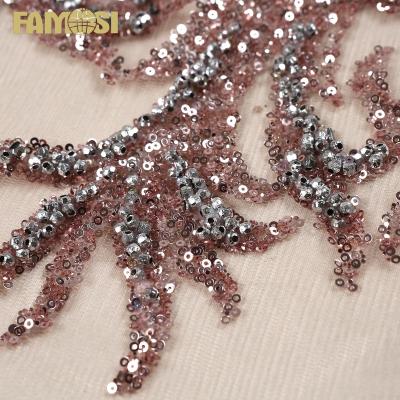 China Other high quality 100% polyester African beaded Tulle small sequins lace up fabric for fashion laday for sale