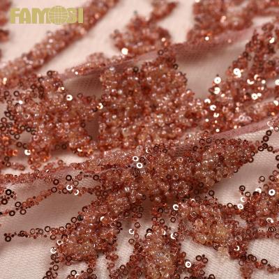 China Other Hot Selling 100% Polyester Custom Order Design Sugar Glitter Beads Embroidery Lace Fabric For Women for sale