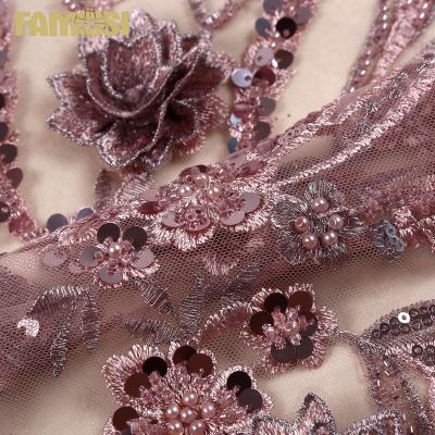 China Other Arrival Fashion Pink Soft Net Fuchsia Sequin Heavy Beaded Lace Fabric By The Yard For Dress for sale