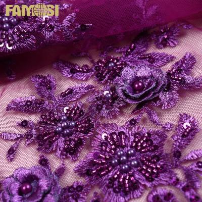 China Other 2022 on sales nigerian 3d trimming purple sequins beaded embroidery lace fabric for garment making for sale