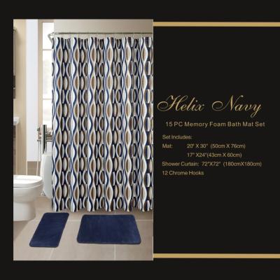 China SUSTAINABLE NAVY 15PC HELEX EMBROIDERY MEMORY FOAM BATH MAT SET WITH 1PC DOTTED 12PC SHOWER CURTAIN ROLLER HOOKS for sale