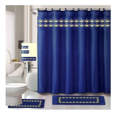 China Sustainable Mat For Collection 18PCS Luxury EMBROIDERY BATH MAT SET, 1 Shower Curtain 1 Cutout Cover 12 Cloth Hooks 3pc Printed Towel 1 for sale