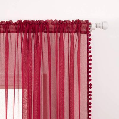 China Pom-pom Curtains Contracted Gauze Soft Solid Color Window Sheer Beaded Blackout Voile Drapes For Bedroom 2 Panels for sale