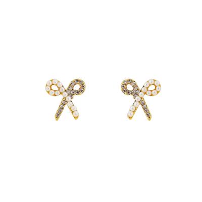 China FASHIONABLE Hyacinth Dainty Sweet Zircon Inlaid bow knot no ear jewelry pearl pierced ear clips for sale