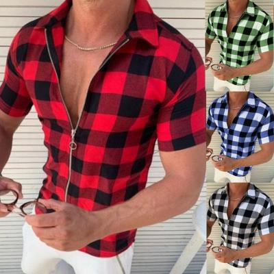 China Wholesale Breathable Plaid Zipper Shirt Fashion Zipper Casual Shorts Sheath Slim Fit Men's Ride Down Collar Shirt for sale